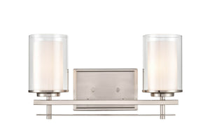 Vanity Fixtures 2 Lamps Huderson Vanity Light - Brushed Nickel - Clear Out / Etched White Inside Glass - 16in. Wide