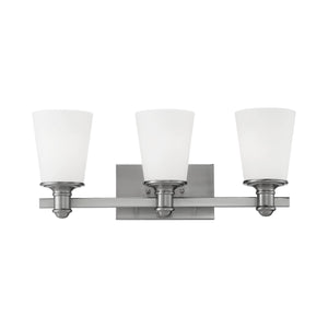Vanity Fixtures 3 Lamps Cimmaron Vanity Light - Satin Nickel - Etched White Glass - 20in. Wide