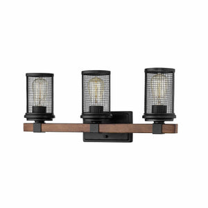 Vanity Fixtures 3 Lamps Mesa Vanity Light - Matte Black / Wood Grain - Metal Wire Mesh - 22in. Wide