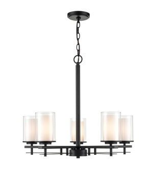 Chandeliers 5 Lamps Huderson Chandelier - Matte Black - Clear Out / Etched White Inside Glass - 26in Diameter - E26 Medium Base