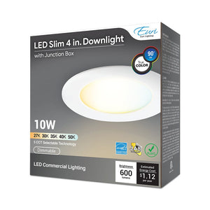 LED Downlights 10W 4in. Recessed Dimmable 5-CCT Tunable Round Slim LED Downlight - 120 Degree Beam - 120V - CRI>90 - Junction Box - 600 Lm