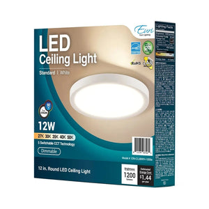 Flush Mounts LED 12W 12in. Round Matte White Dimmable LED Ceiling Light - 100 Degree Beam - 120VAC - Direct Wiring - 1,200 Lm