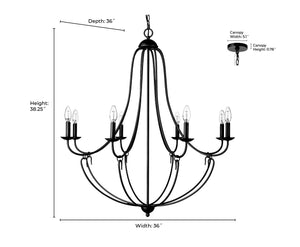 Chandeliers 8 Lamps Eisley Chandelier - Matte Black - White Fabric Shade - 36in Diameter - E12 Candelabra Base