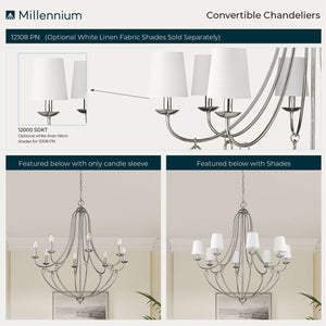 Chandeliers 8 Lamps Eisley Chandelier - Polished Nickel - White Fabric Shade - 36in Diameter - E12 Candelabra Base