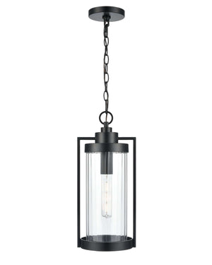Pendant Fixtures Braselton Outdoor Hanging Lantern - Powder Coated Black - Clear Ribbed Glass - 8in. Diameter - E26 Medium Base