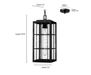 Pendant Fixtures Jaxson Outdoor Hanging Lantern - Powder Coated Black - Clear Seeded Glass - 7.5in. Diameter - E26 Medium Base