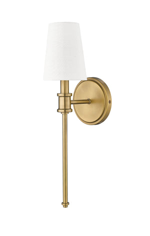 Wall Sconces Wall Sconce - Vintage Brass - White Linen Shade - 6.5in. Extension - E12 Candelabra Base