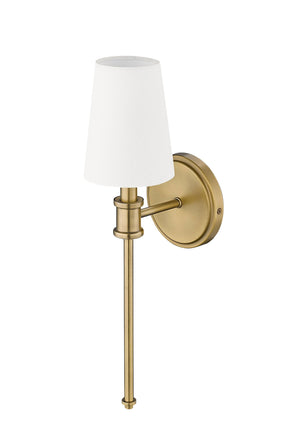 Wall Sconces Wall Sconce - Vintage Brass - White Linen Shade - 6.5in. Extension - E12 Candelabra Base