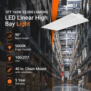 LED High Bay Lights 165W LED Linear High Bay - 23,000lm - 5000K - 100-277VAC - Chain Mount - DLC Qualified - White