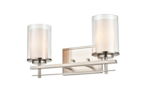 Vanity Fixtures 2 Lamps Huderson Vanity Light - Brushed Nickel - Clear Out / Etched White Inside Glass - 16in. Wide