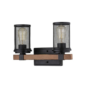 Vanity Fixtures 2 Lamps Mesa Vanity Light - Matte Black / Wood Grain - Metal Wire Mesh - 13in. Wide