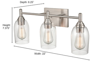 Vanity Fixtures 3 Lamps Arlett Vanity Light - Brushed Nickel - Clear Glass - 22in. Wide