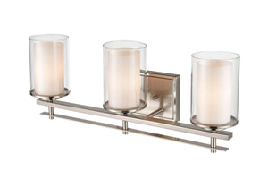 Vanity Fixtures 3 Lamps Huderson Vanity Light - Brushed Nickel - Clear Out / Etched White Inside Glass - 23in. Wide