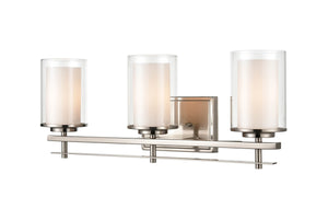 Vanity Fixtures 3 Lamps Huderson Vanity Light - Brushed Nickel - Clear Out / Etched White Inside Glass - 23in. Wide