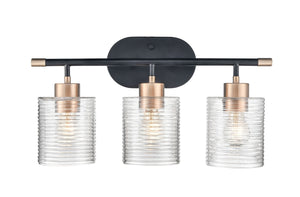 Vanity Fixtures 3 Lamps Renitta Vanity Light - Matte Black / Modern Gold - Clear Ribbed Glass - 20.1in. Wide