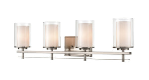 Vanity Fixtures 4 Lamps Huderson Vanity Light - Brushed Nickel - Clear Out / Etched White Inside Glass - 31in. Wide