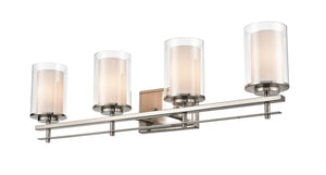 Vanity Fixtures 4 Lamps Huderson Vanity Light - Brushed Nickel - Clear Out / Etched White Inside Glass - 31in. Wide