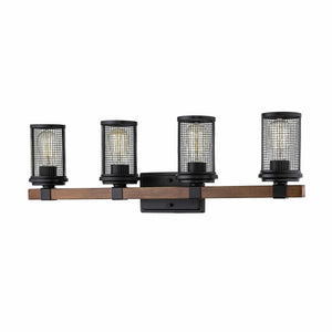 Vanity Fixtures 4 Lamps Mesa Vanity Light - Matte Black / Wood Grain - Metal Wire Mesh - 33in. Wide