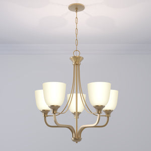 Chandelier 5 Lamps Alberta Chandelier - Modern Gold Finish - White Glass - 24in Diameter - E26 Medium Base