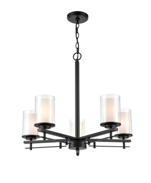 Chandeliers 5 Lamps Huderson Chandelier - Matte Black - Clear Out / Etched White Inside Glass - 26in Diameter - E26 Medium Base