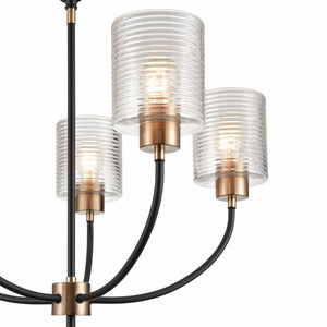 Chandeliers 5 Lamps Renitta Chandelier - Matte Black / Modern Gold Finish - Clear Ribbed Glass - 26in Diameter - E26 Medium Base