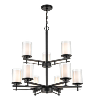 Chandeliers 9 Lamps Huderson Chandelier - Matte Black - Clear Out / Etched White Inside Glass - 29in Diameter - E26 Medium Base