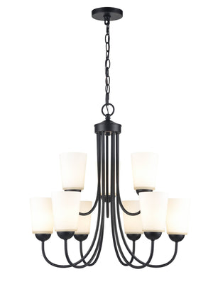 Chandeliers 9 Lamps Ivey Lake Chandelier - Matte Black - Etched White Glass - 25.25in Diameter - E26 Medium Base