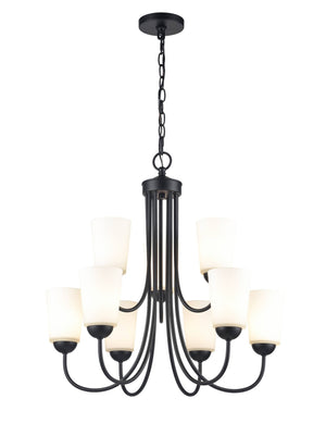 Chandeliers 9 Lamps Ivey Lake Chandelier - Matte Black - Etched White Glass - 25.25in Diameter - E26 Medium Base