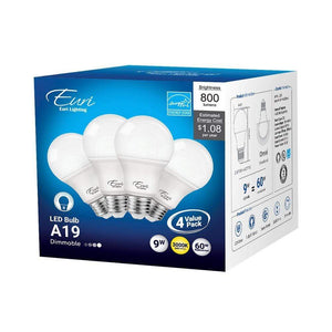 LED Light Bulbs 9W A19 Dimmable LED Bulb - 360 Degree beam - E26 Base - 800lm - 4-Pack